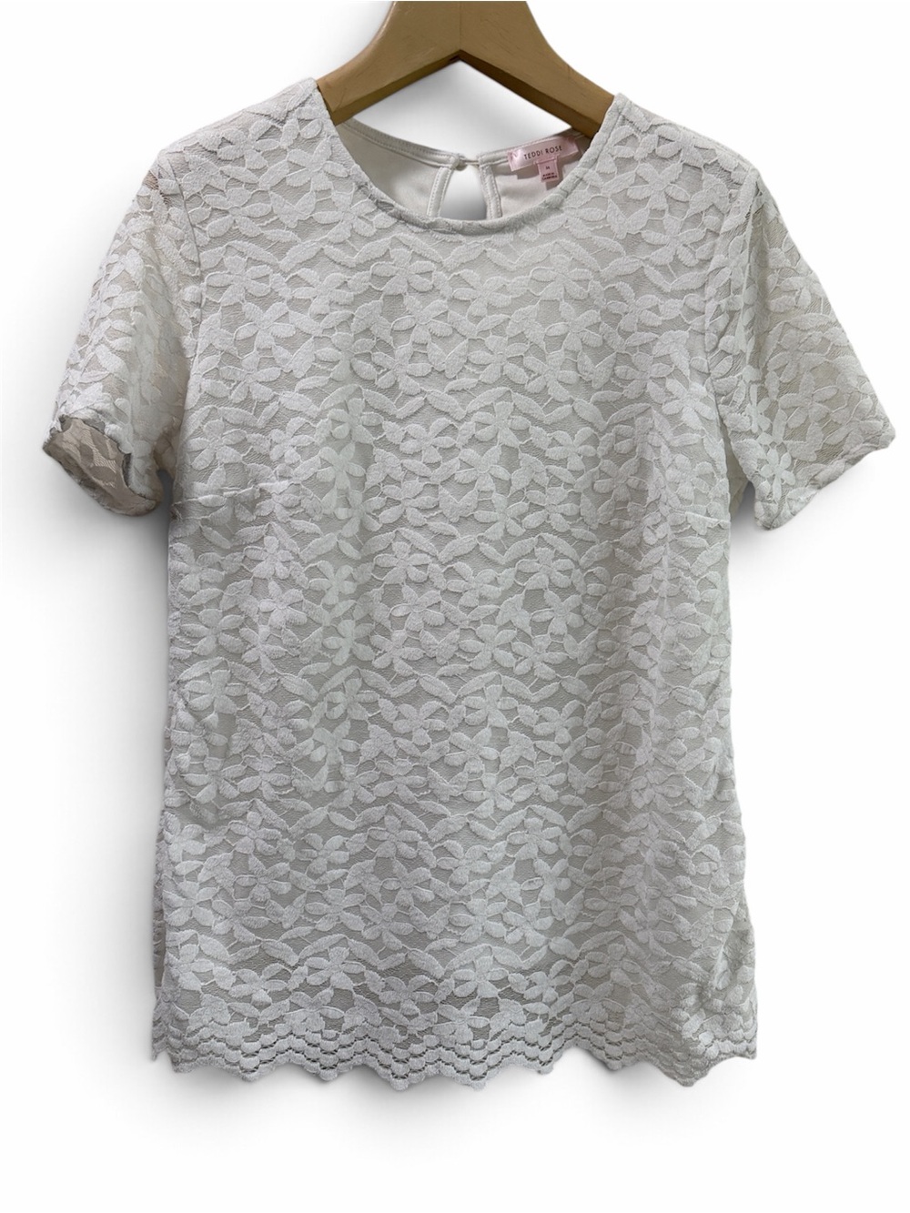 White Floral Lace Short Sleeve Blouse - Classic Crew Neck